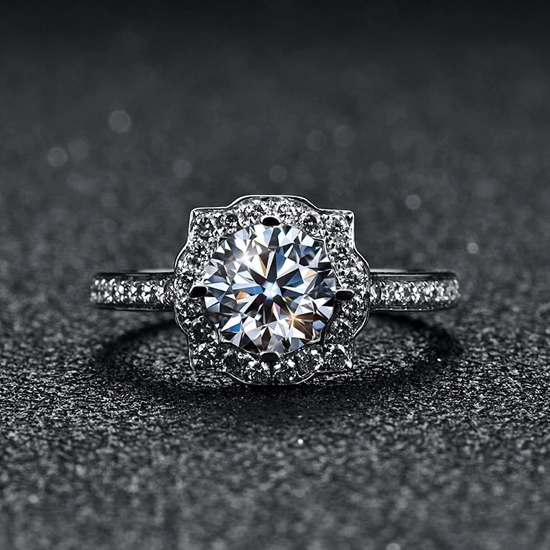 The Genevieve Floral Halo — 1.0ct Round Moissanite Engagement Ring in 925 Sterling Silver - Alternate Angle