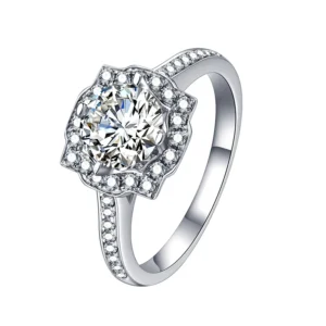 1.0ct Round Moissanite Floral Halo Engagement Ring in 925 Sterling Silver - The Genevieve (GRA Certified D VVS1)